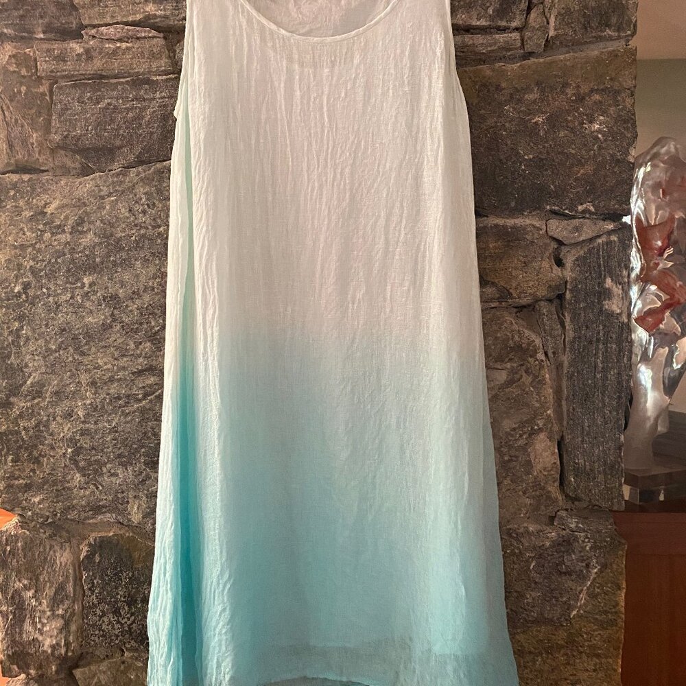 EILEEN FISHER DEEP AQUA LINEN GAUZE WITH SLIP A-LINE DRESS SZ SMALL
